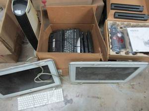 lot 83 image: 2 22 APPLE MONITORS, DPORT PORT REPLICATOR N.I.B., 2 VISIONEER STROBE XP 100 PORTABLE SCANNERS, STANDING AIR PURIFIER, KEYBOARDS