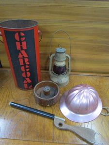 lot 91 image: VINTAGE NIETZ LITTLE WIZARD LANTERN W RED GLASS, CHARCOAL CAN, SUPERLITE PINK HARDHAT, WOOD BOWL, VINTAGE BUCKYS CORK GUN