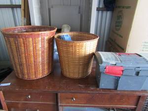 lot 18 image: Grey multi slot empty tool box    2 wicker waste baskets
