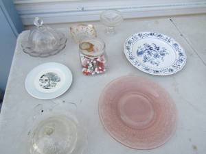 lot 43 image: Glass covered candy dishs x 3, pink plate, double phoenix dinner plate iron store