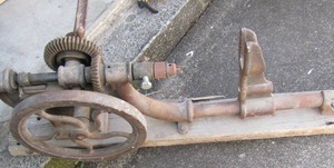 lot 52 image: Vintage manual drill press on wooden board #13 Advaor Hand crank 40 long