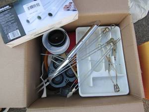 lot 55 image: 2 boxes of kitchen utensils silverware tray, rifles, spoons, spatulas and more