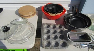 lot 57 image: Hand mixer, pots and pans, muffin pans,  mixing bowls