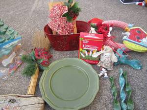 lot 99 image: Christmas wash board, red metal bucket, santa plaque, christmas tree with colored light sticks