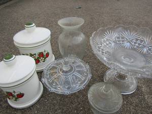 lot 104 image: Kitchen cannister strawberry design,  Star of David sugar dish plus fruit bowl , covered candy,