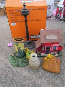 lot 105 image: Coffee cup hanger,   handmade pottery pieces,   wooden bird house
