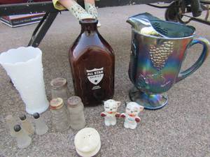 lot 106 image: ALL STARS  DAIRIES  Denver bottle,  Blue glass fruit design water pitcher, older s&P shakers     milk glass vase