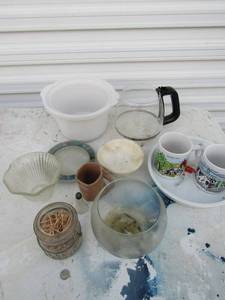 lot 110 image: Misc. Lot- coffee cups, baking pan, tooth pic holder