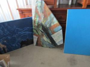 lot 136 image: 3 canvas art pieces solid blue 36x24, square blue 40x28 oblong 41x27