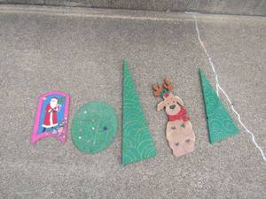 lot 158 image: ART - Painted wood art- Santa 14x8, oval 14x11, tree with gold 30x8,  tree with silver 21x8,  reindeer 21x7