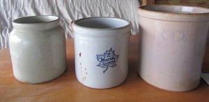 lot 163 image: Western stoneware crocks -  9x9   Gray crock  10x8 and Butchshall Patlew crock #3  11x11