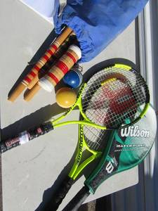 lot 182 image: Croquet game in blue bag  3 like new tennis rackets