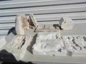 lot 191 image: molds-lid, unicorn, dinosaur, owl missing back, sand dessert missing back 3 piece christmas tree, granny store, dentures