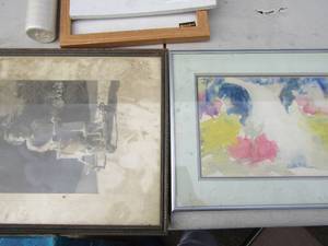 lot 195 image: 14x11 framed watercolor, 15x13 black and white art