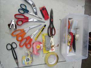 lot 201 image: Tub of scissors, putty knife, tape etc.