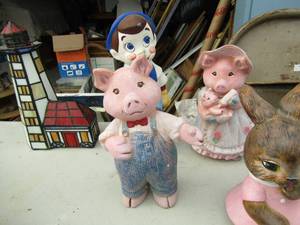 lot 203 image: Ceramic bunny, 2 pigs, Pinocchio, light house stained glass lamp