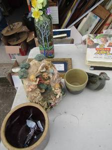 lot 207 image: Wine bottles lighted, angel music waterfall, dove and 2 ceramic bowls