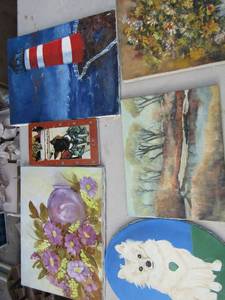 lot 213 image: Canvas art- flowers 14x11, tree 13x10,dog 14x11, light house 16x12, purple 16x12