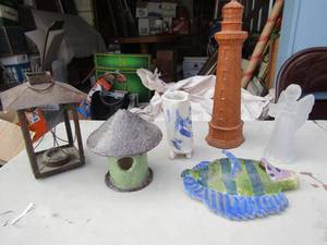 lot 229 image: Tea light house, mushroom candle holder, ceramic painted fish and more