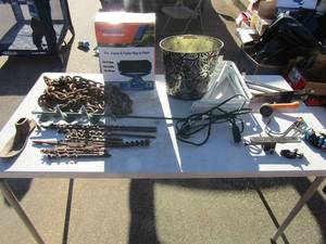 lot 300 image: Paint roller, Vintage drill bits, tow chain, extension cord shelving brackets