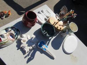 lot 305 image: Carousel horse, ceramic mask, ceramic bowl vase pieces ceramic guitar and 9 girl