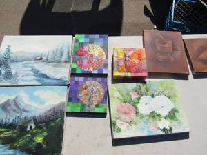 lot 310 image: Art- 2 mountain side 14x11, 2 tree 6x7 and 9x7, 2 brown 10x8