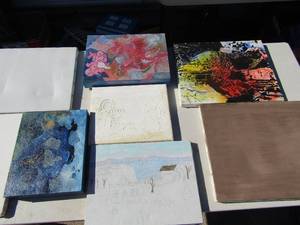 lot 313 image: art- 2 blank canvas, 1 blue 10x8, brown, 16x12, yellow brown 14x11