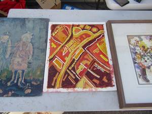 lot 329 image: Cloth portrait 18x14 by Kara Butler, Inspire 16x14 by Kara Butler, 19x15 framed art by Louise Butler