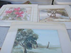 lot 332 image: Art by L. Butler- red floral, beachside, barbwire assorted sizes