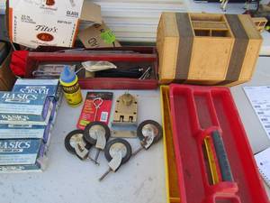 lot 337 image: 5 boxes of straight line chalk, 3 tool caddies, vintage lock and 4 wheels