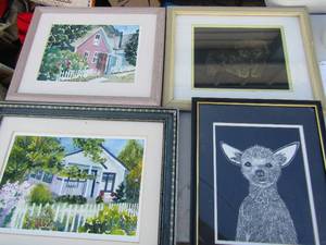 lot 342 image: Dog art glass cracked 15x12, 18x15 Kara Butler house painting  2 gold pup 15x12