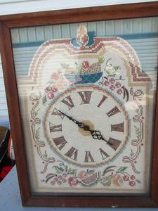 lot 347 image: Needle point clock in display box has plug front opens 17x13