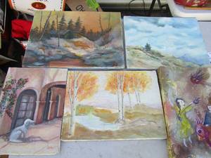 lot 348 image: Art-dog12x9, fall 14x10, foggy house 26x12 sky 14x11