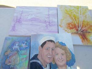 lot 365 image: Art by Kara Butler 18x14 man& woman, fall, purple mountains