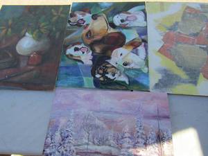 lot 366 image: Art by Louise butler- Newspaper art, puppy, plant, snow