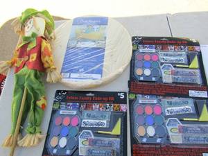 lot 381 image: Scarecrow on stick, oval pine wood 15 DIA., , 3 NIP Halloween makeup kit