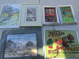 lot 385 image: Art- Tulip 12x9, farm house 14x11 by Friddle 7100, Cow 11x8 by kara butler and  2 5x7 by dawn Blb