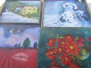 lot 387 image: Art- cherry flower 20x16 puppies Kara Butler 21x17 eye lip 20x16 yellow 20x16