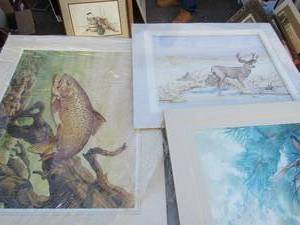 lot 398 image: L. butler art- Big fish 28x23, bird 21x19, Buck 20x24
