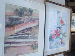 lot 401 image: Art- Tree framed 25x9 Red flower frames 28x21