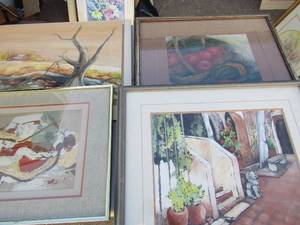 lot 403 image: Art Abstract 18x15, Farm house by Butler 20x15, 23x20 basket, 21x18 fruit basket