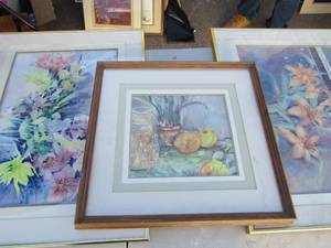 lot 405 image: Art flowers x 2 both 25x19 one glass broken plant & fruit 18x17