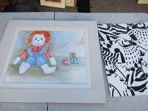 lot 408 image: Art- Bird 19x15 raggedy Ann by L. Butler 20x23