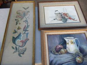 lot 411 image: Art- framed needlepoint 21x12, Onions 21x17, Wash becket by L. Butler 22x17