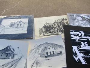 lot 422 image: B&W art- houses and churches railroad stops