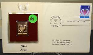 lot 41 image: USPS First Day Of Issue Love Swans Gold Stamp Replica