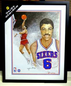 lot 115 image: RARE - VINTAGE JULIUS ERVING 16in x 20in LITHOGRAPH PRINT by ARTIST BILL CLARK Framed - (THIS PRINT WAS GIVEN AT PHIL SPECTRUM ON THE NIGHT OF DR Js RETIREMENT $$