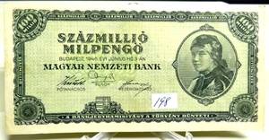 lot 198 image: UNCIRCULATED - HUNGARY 100,000,000 MILPENGO 1946 REPUBLIC GOVERNMENT - MAGYAR NEMZETI BANK NOTE $$