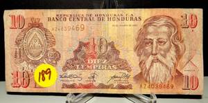 lot 189 image: 1989 - Banco Central De HONDURAS - 10 Lempiras Banknote, Serial No. AZ 4039469