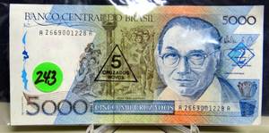 lot 243 image: 5000 Brazilian Cruzados banknote (Candido Portinari) - WITHDRAWN FROM CIRCULATION 1989